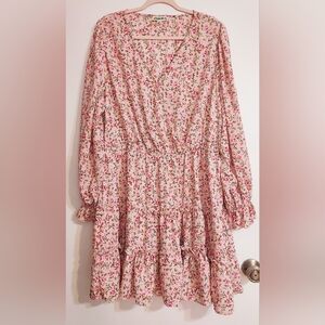 Pink Floral Flounce Sleeve Dress, Size 2x